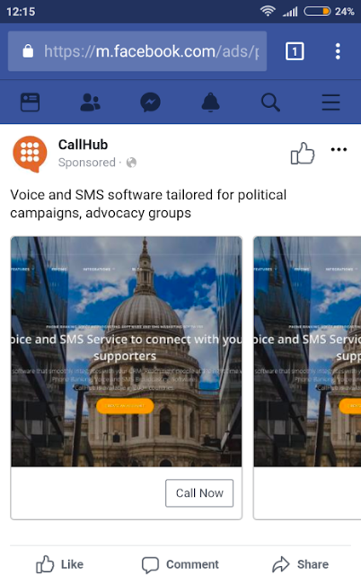 CallHub's click to call ad on Facebook